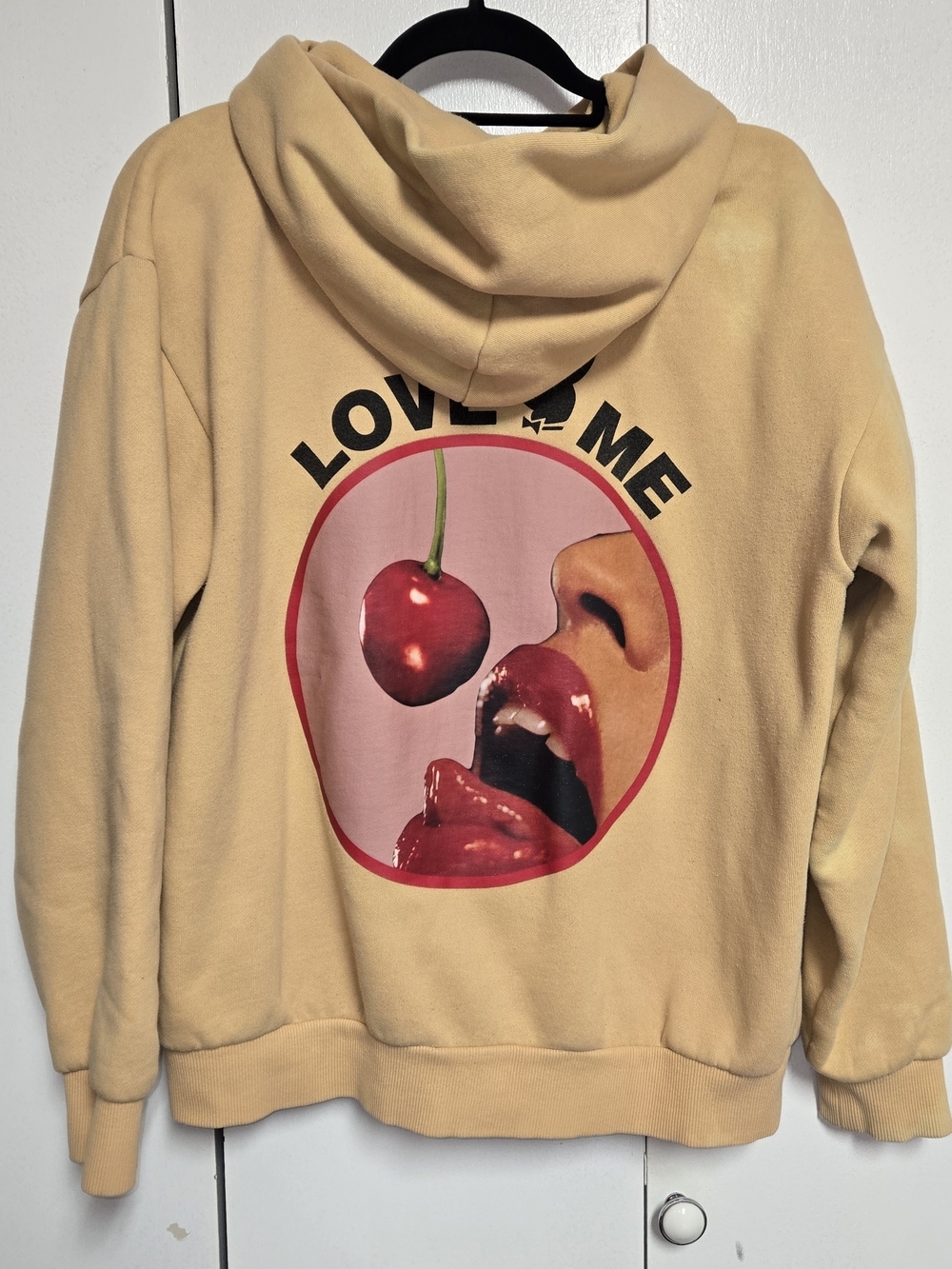 Playboy Love Me Cherry Graphic Hoodie Small Tan Fleece Pullover